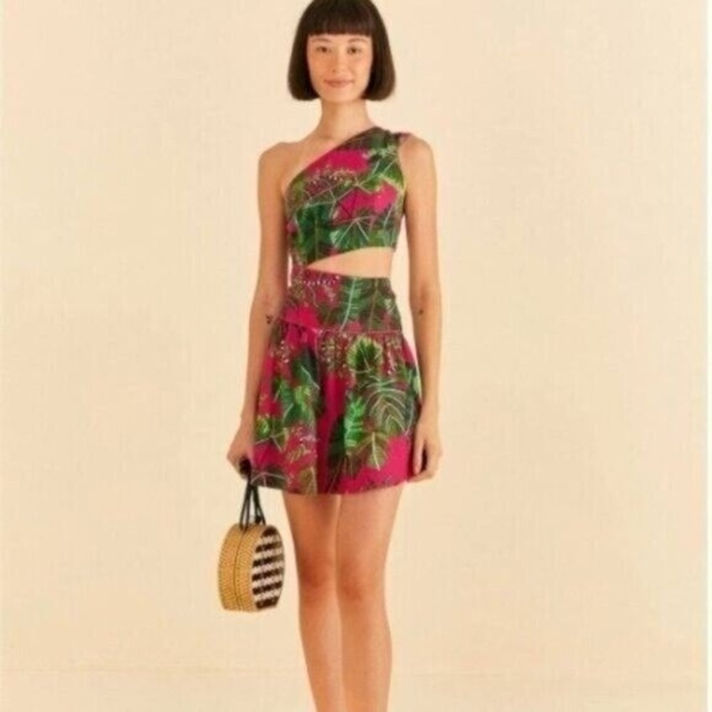 Farm Rio Pink Leaves Tropical One Shoulder Cutout Mini Dress Boho Resort XL